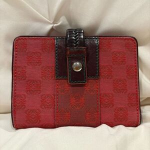 Loewe Deep Red Jacquard Anagram Cloth and Dark Brown Leather Wallet EUC